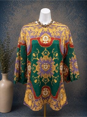 Virgins / Green & Gold Baroque Print Quartet Sleeve Top